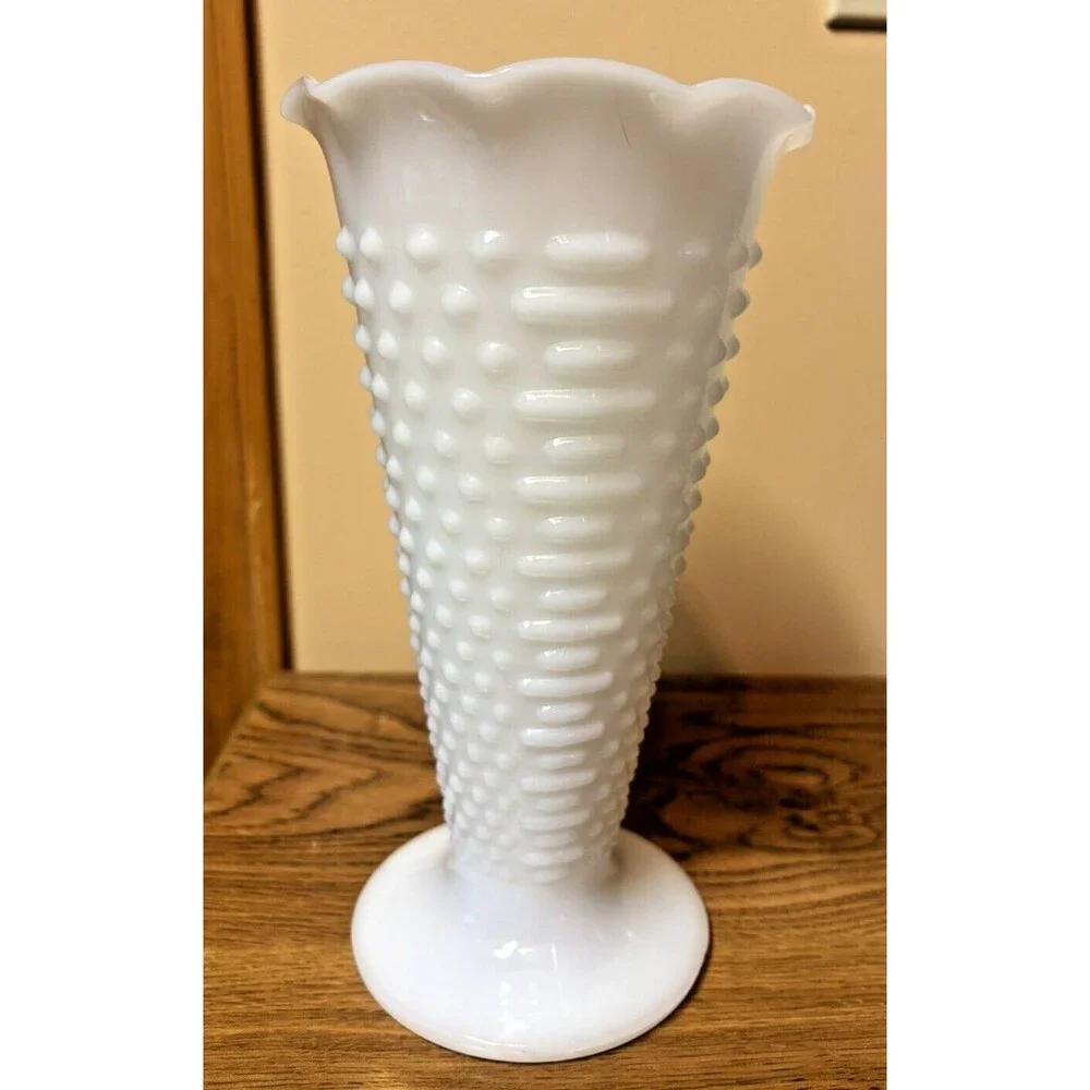 Vintage White Dot Dash Hobnail Milk Glass Trumpet Fluted Vase 9.5